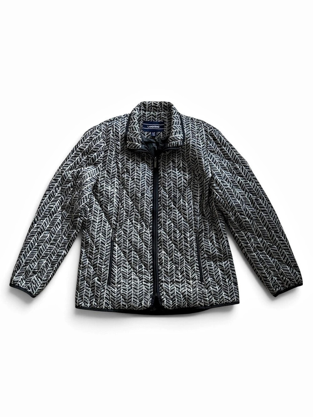 Lands' End Printed PrimaLoft Quilted Jacket Black & White Size Large